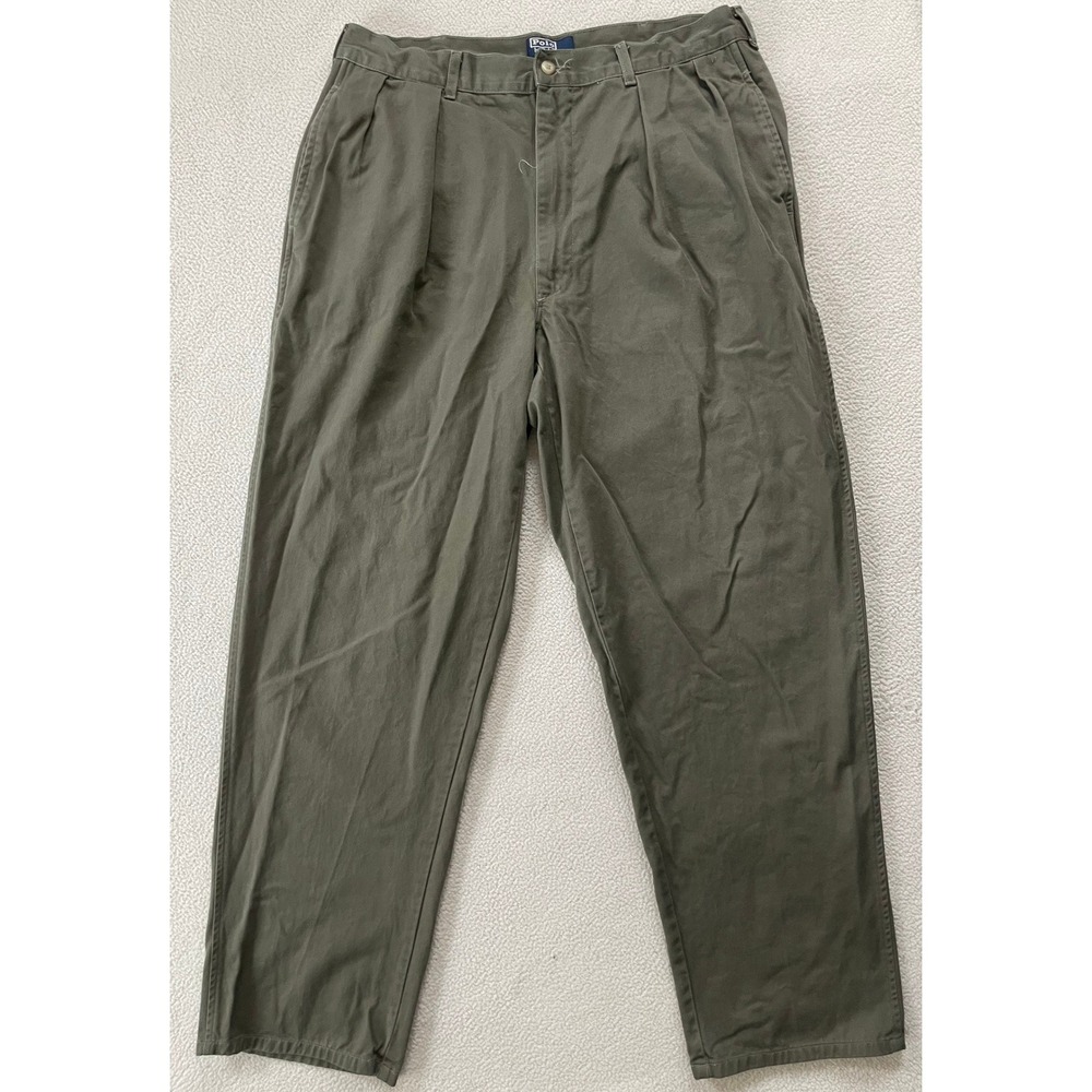 Made in USA Vintage Polo Ralph Lauren Mens 35x32 Chino Pants Olive Green Pleated